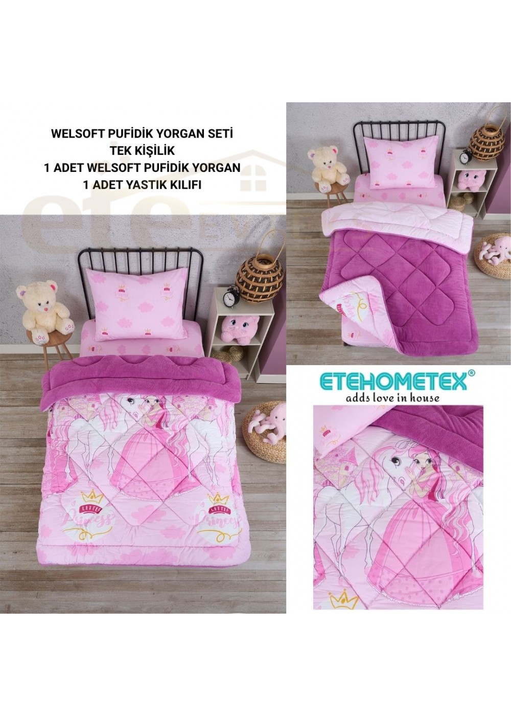 ETE HOMETEX TEK KİŞİLİK LÜX WELSOFT YORGAN SETİ PRENSES MÜRDÜM 155X215CM 8696474231855